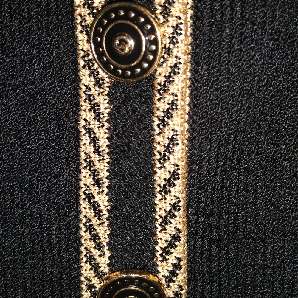 ST JOHN COLLECTIONS SZ 6 SANTANA KNIT BLACK & METALLIC TAN LOGO BUTTONS JACKET - Picture 11 of 13